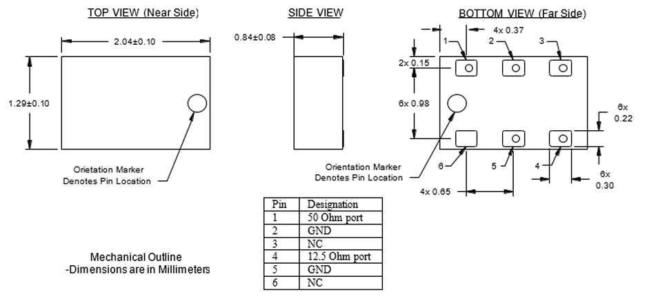 T0727J5012AHF超低剖面0805阻抗變壓器50?至12.5?